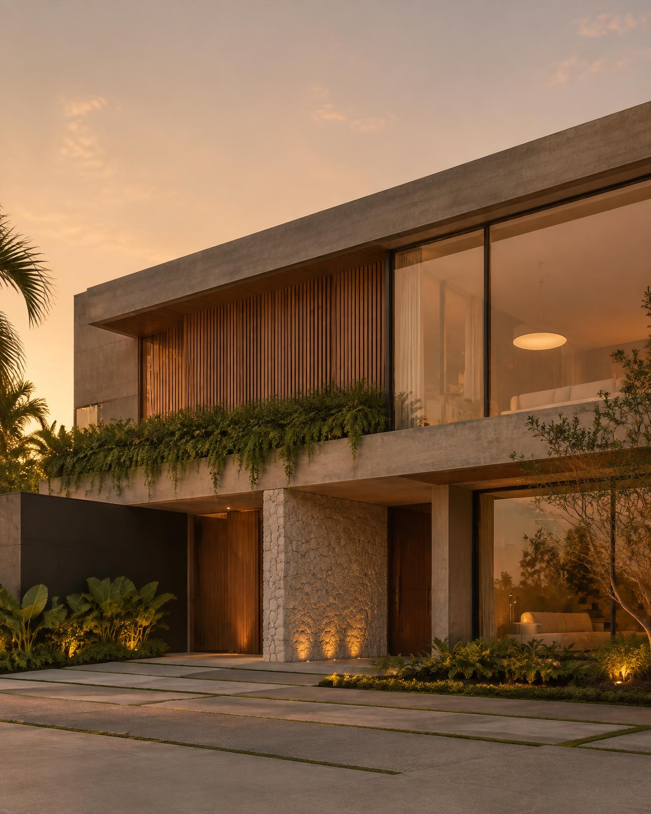 Residência contemporânea de alto padrão em concreto, madeira e vidro ao entardecer